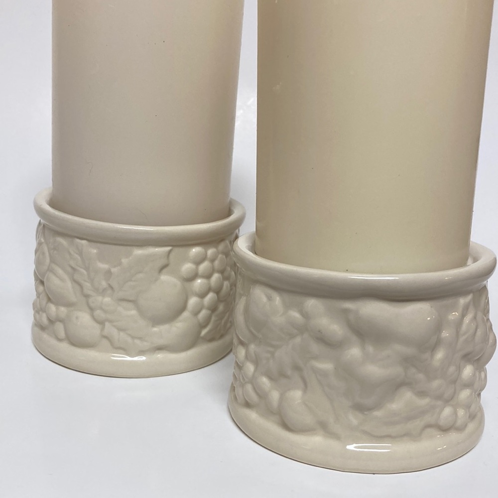 Vintage 1990 Claire Burke Pillar Candle Pedestals Ceramic Fruits & Leaves